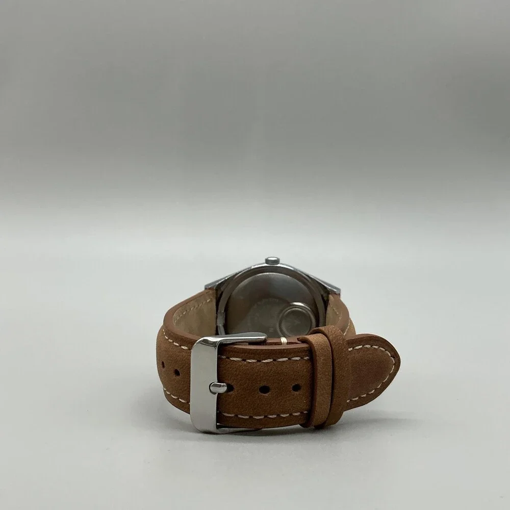Vintage 1970s Timex Electric Mens Watch 38mm Brown Dial Day Date Leather Strap